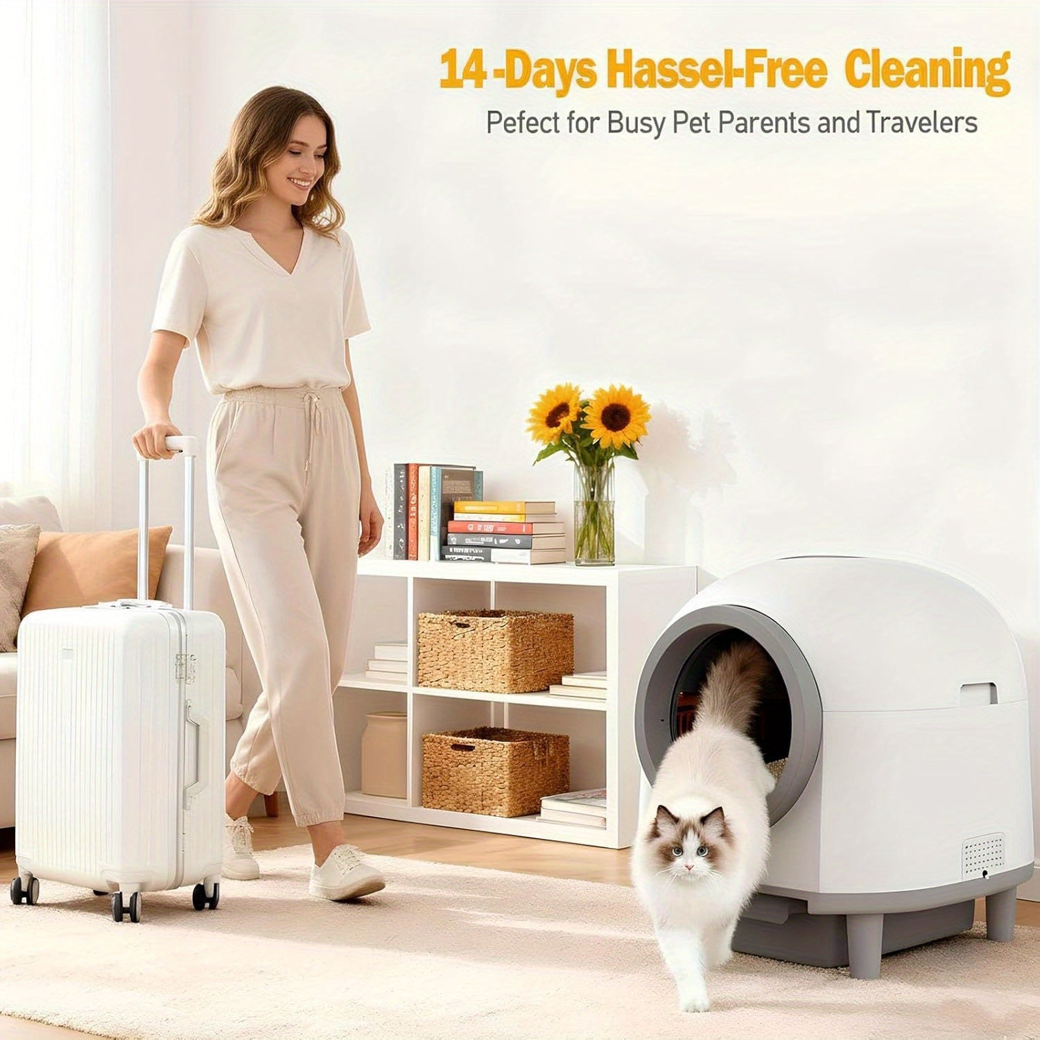 23.25gal Multi-Cat Smart Automatic Litter Box | App Control, Health Monitoring, Odor Control, With White Liner, Round Shape, Uncharged, Battery-Free, Brand: BAOTREE
