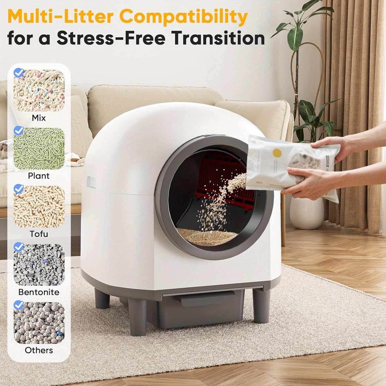 23.25gal Multi-Cat Smart Automatic Litter Box | App Control, Health Monitoring, Odor Control, With White Liner, Round Shape, Uncharged, Battery-Free, Brand: BAOTREE